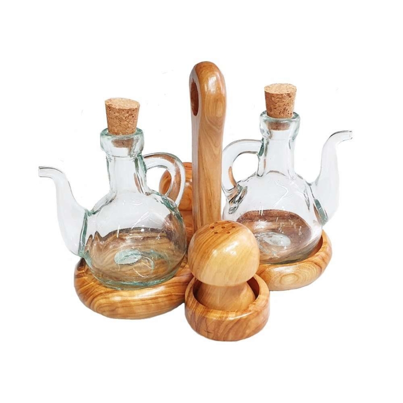 Rustic Olive Wood Cruet Set with Glass Carafes and Stand