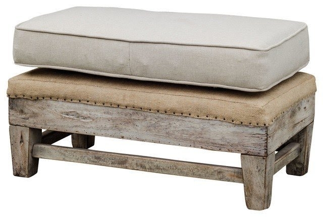 Rustic Ottoman with Burlap Base and Whitewashed Finish