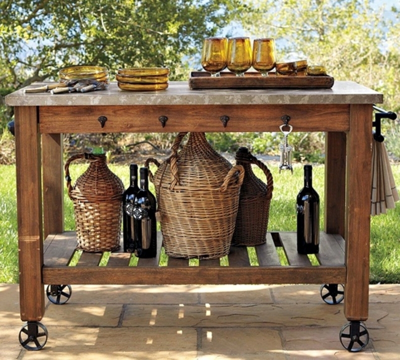 Rustic Outdoor Bar Cart with Stone Top and Metal Wheels