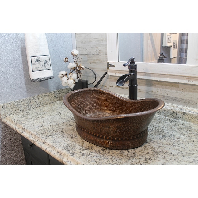 Rustic Oval Vessel Sink, Hammered Copper Basin with Beaded Base Detail