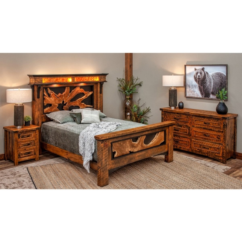 Rustic Panel Bed Live Edge Slab Integrated Lighting