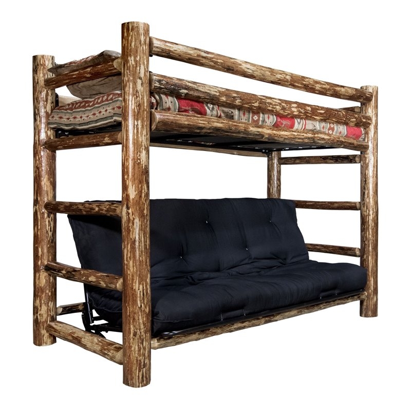Rustic Peeled Log Bunk Bed with Futon Base for Mountain Lodge