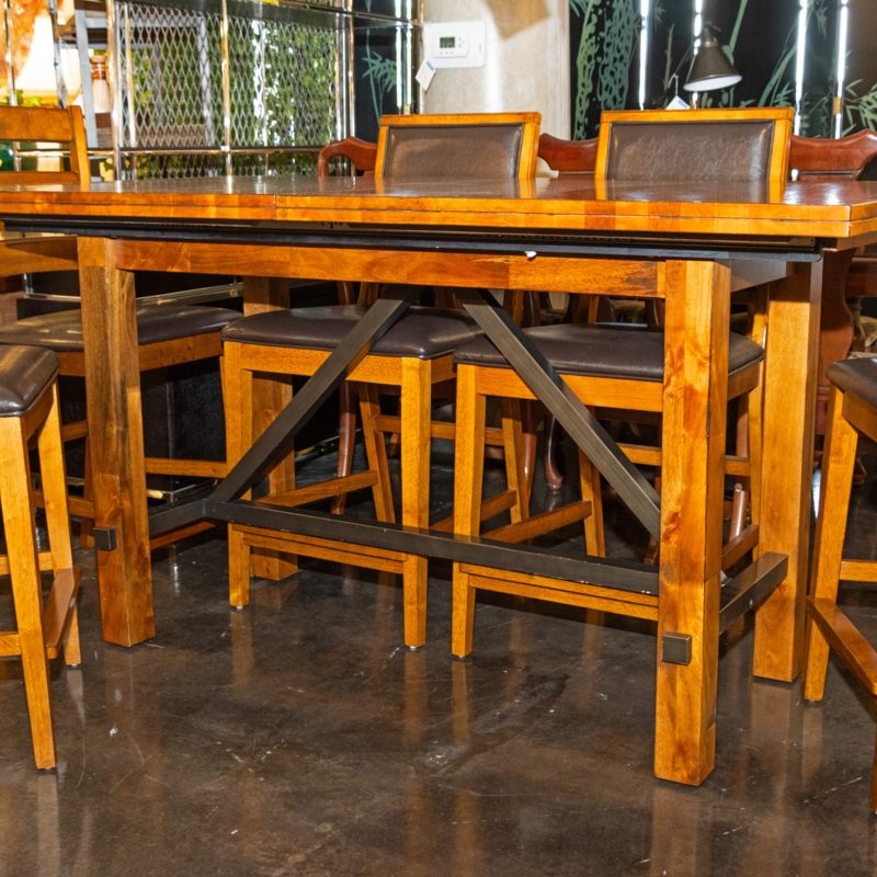 Rustic Pub Height Dining Set with X-Brace Trestle and Storing Leaves