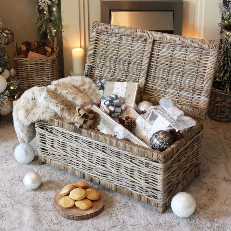 Rustic Rattan Storage Trunk with Grey and Buff Weave
