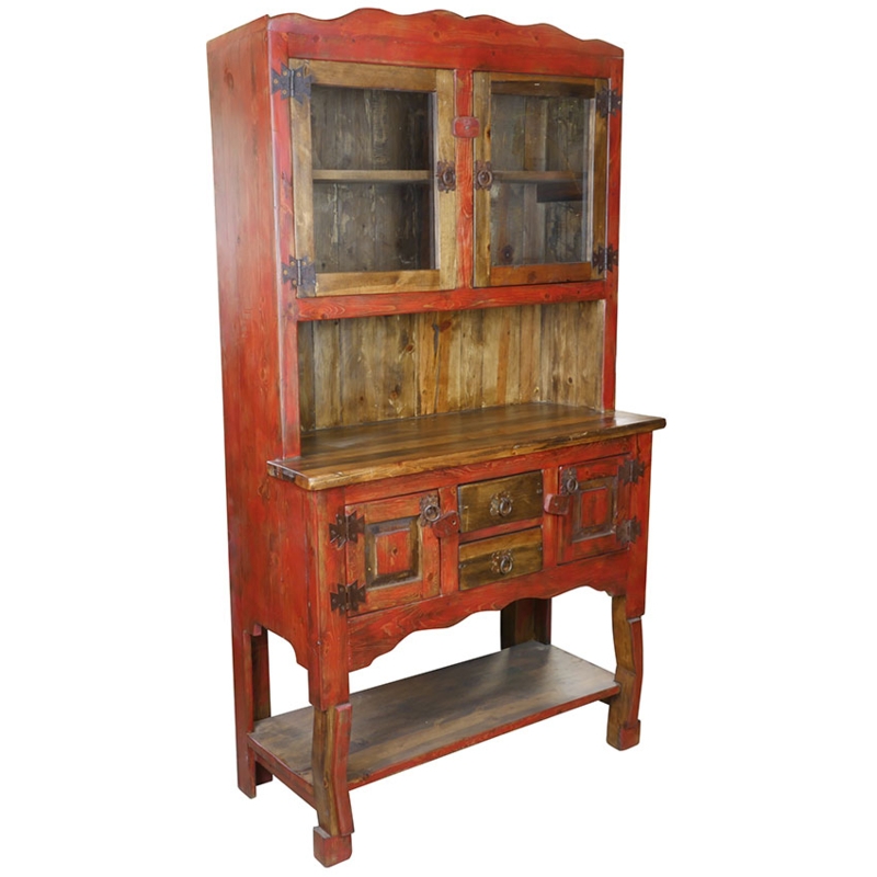 Rustic Red China Cabinet Featuring Scalloped Top Detail