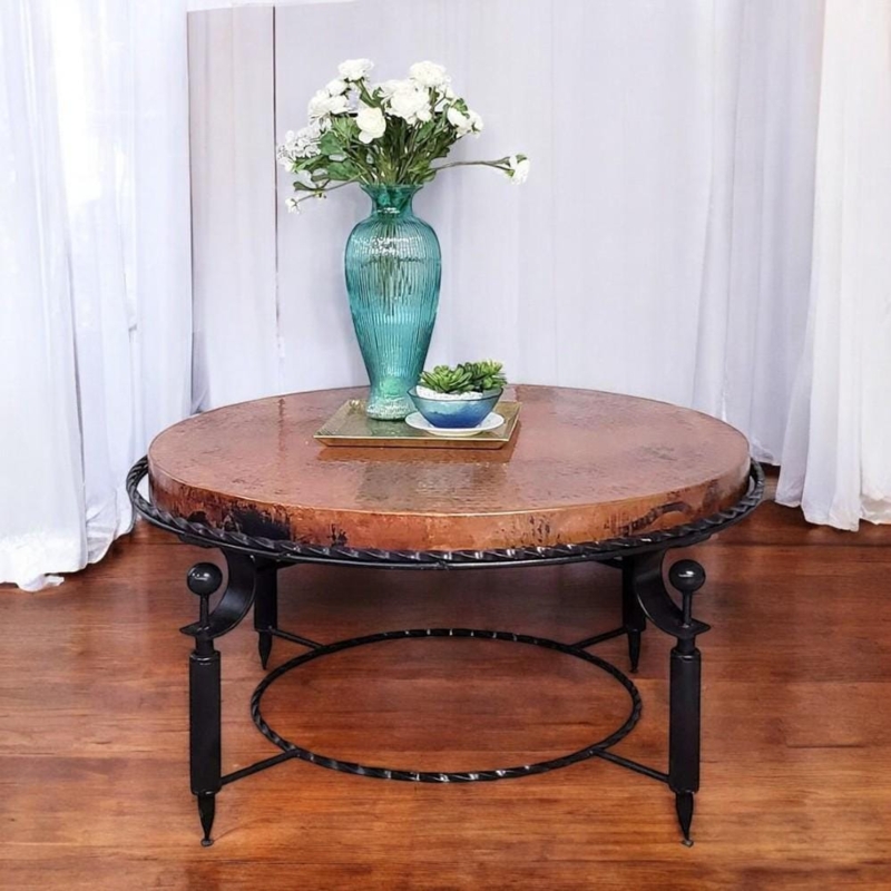 Rustic Round Coffee Table, Hammered Copper Top and Twisted Iron Border