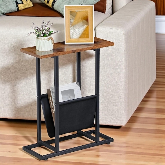 Rustic Side Table with Slim Profile, Metal Frame & Magazine Holder