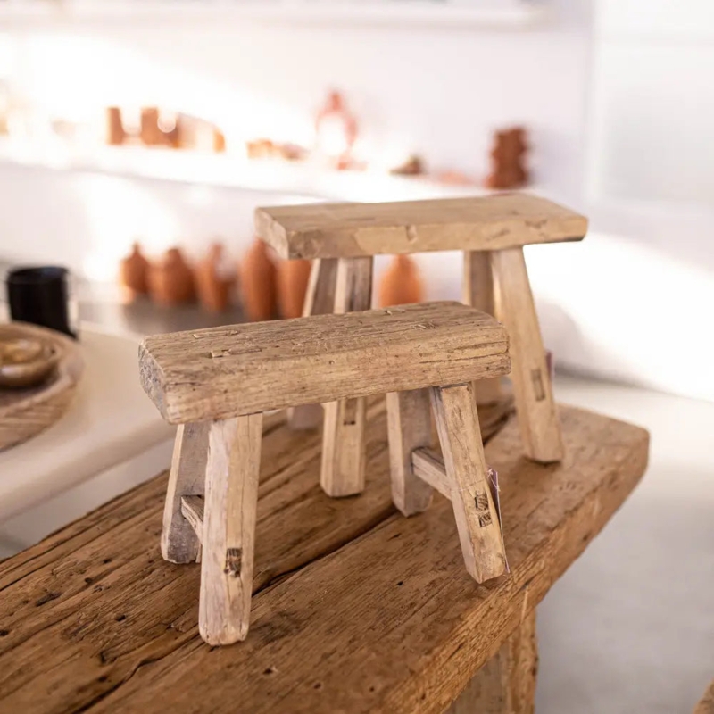Rustic Stool Weathered Elm Wood Exposed Joinery Wabi Sabi Accent Bench
