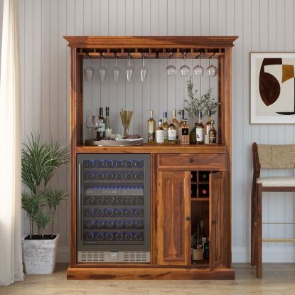 Rustic Tall Bar Cabinet in Honey Wood with Fridge and Stemware Rack