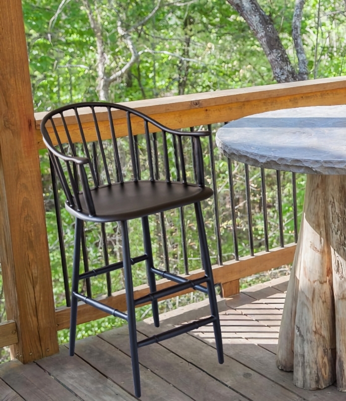 Rustic Transitional Bar Stool in Matte Black with Continuous Arm Design.