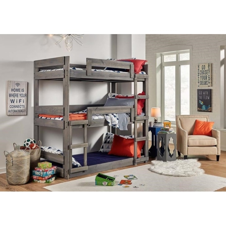 Rustic Triple Bunk Bed Gray Washed Wood Distressed Finish