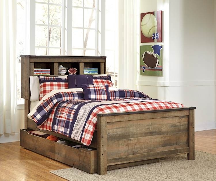 Rustic Trundle Bed, Distressed Brown Wood, Metal Strapping & Rivets