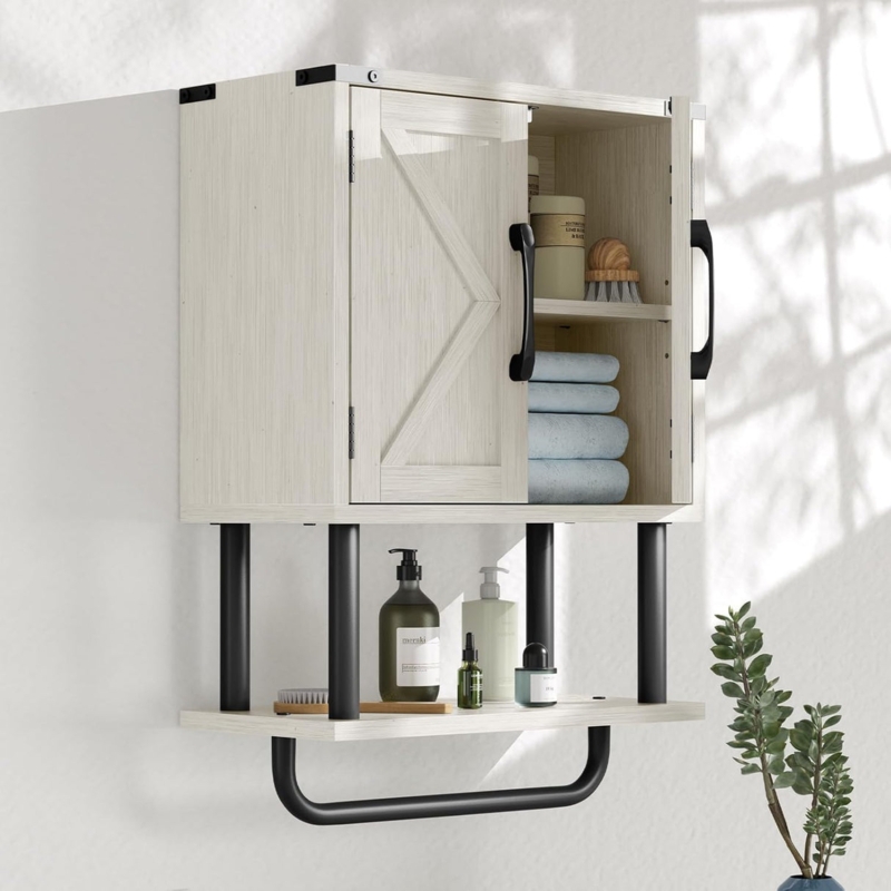 Rustic Wall Cabinet with Sliding Barn Door and Integrated Towel Bar