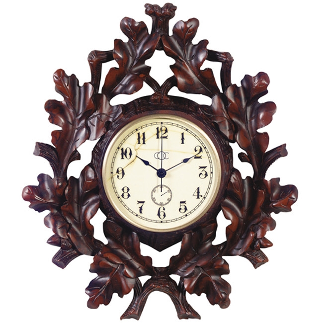 Rustic Wall Clock Carved Oak Leaf Frame Black Forest Style