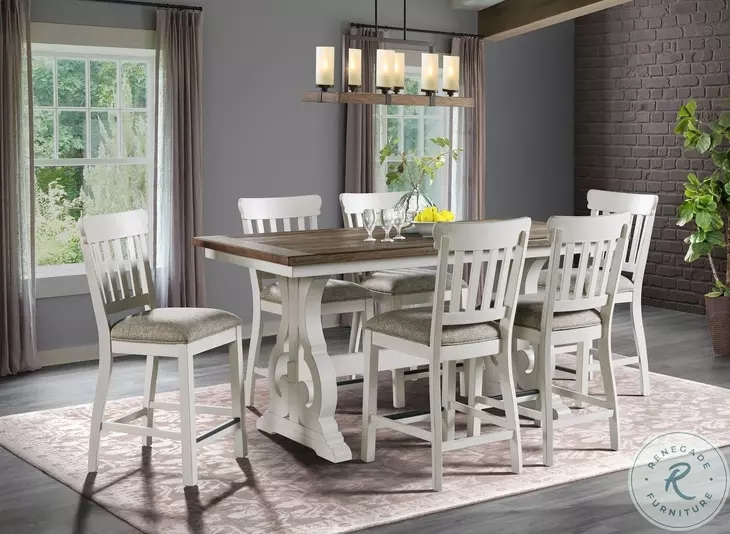 Rustic White and French Oak Counter Height Set with Scroll Trestle