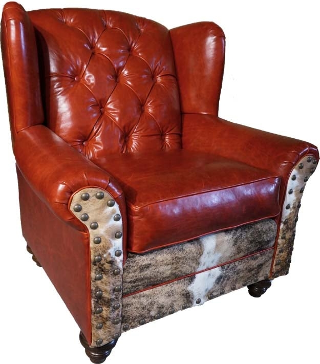 Rustic Wingback Chair: Crimson Leather-Like, Hair-on-Hide Panels