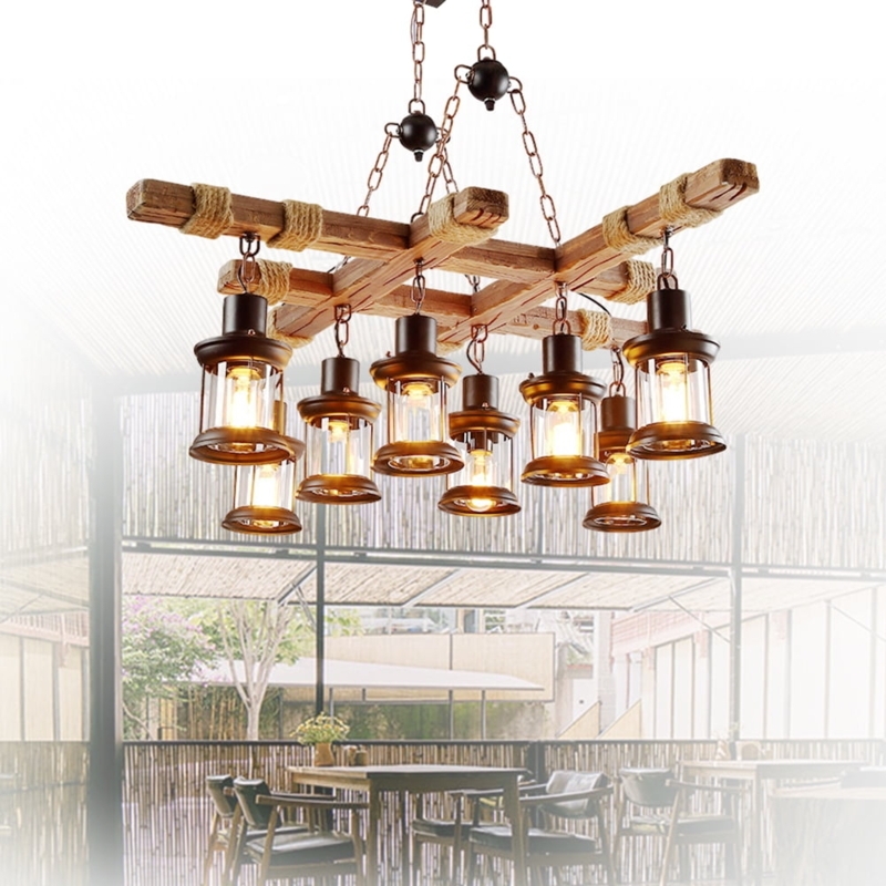 Rustic Wood Beam Chandelier Rope Wrapped Joints Lantern Pendant