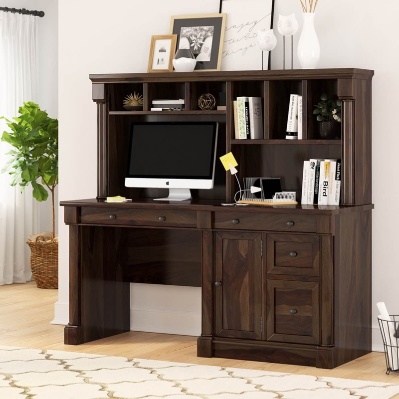 Rustic Wood Desk with Hutch: Dark Walnut Multi-Compartment Storage
