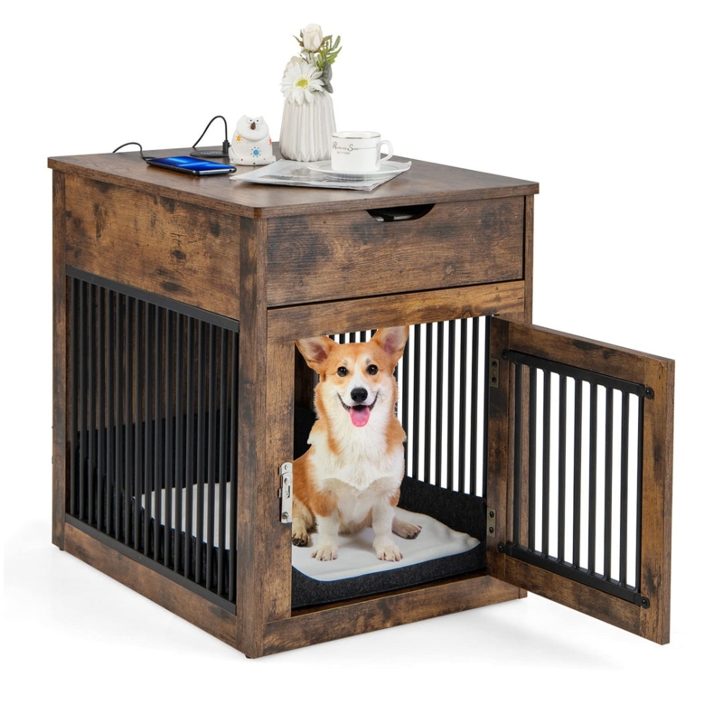 Rustic Wood Dog Crate End Table with Integrated Charging Station