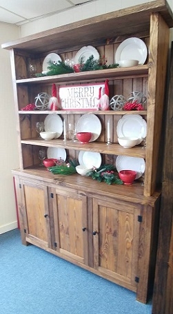 Rustic Wood Hutch With Open Shelving And Planked Back