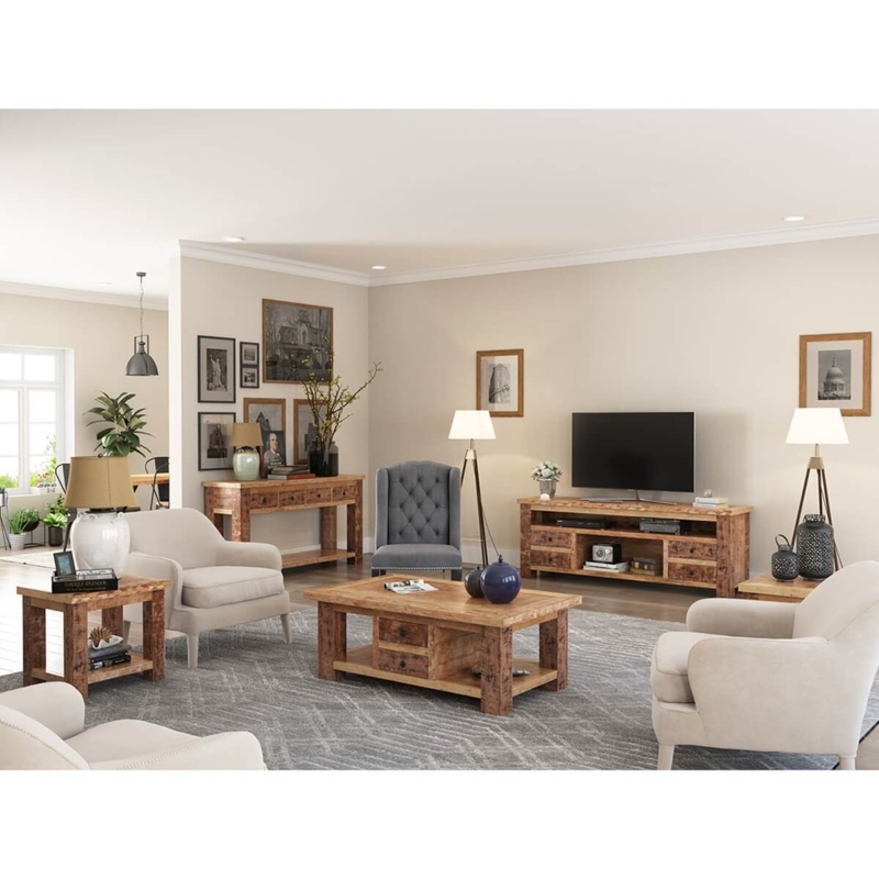 Rustic Wood Living Room Set Block Legs Storage Drawers Honey Finish