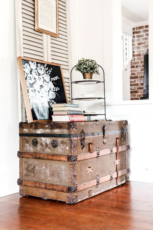 Rustic Wood Steamer Trunk: Weathered Slats, Heavy Patina & Riveted Edges
