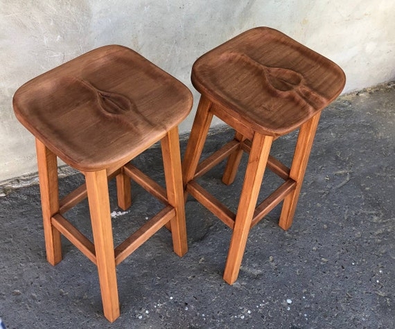 Rustic Wooden Bar Stool with Anatomical Carving Contoured Seat