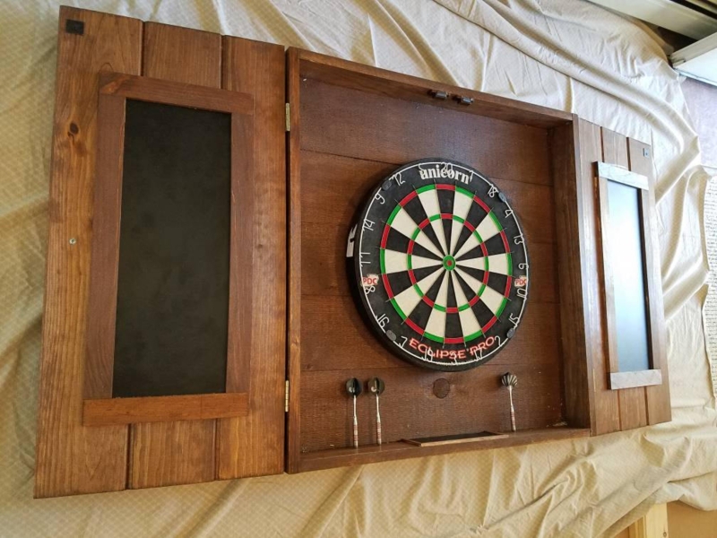 Rustic Wooden Dartboard Cabinet with Tri-Fold Doors and Chalkboards