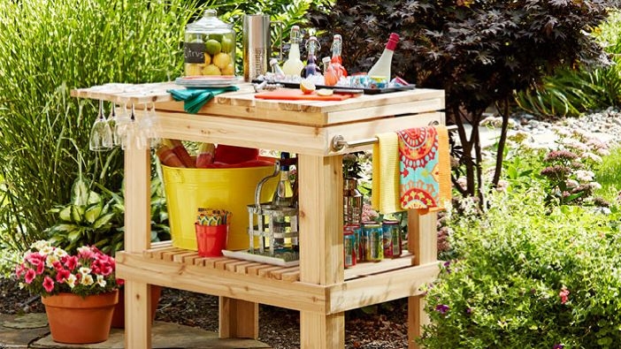 Rustic Wooden Serving Station Table with Integrated Stemware Rack