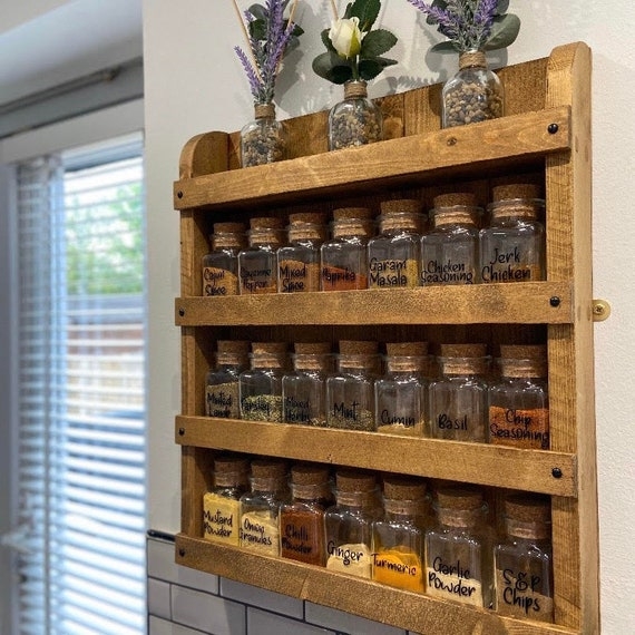 Rustic Wooden Spice Rack 3-Tier Distressed Finish Cork Top Jar Display