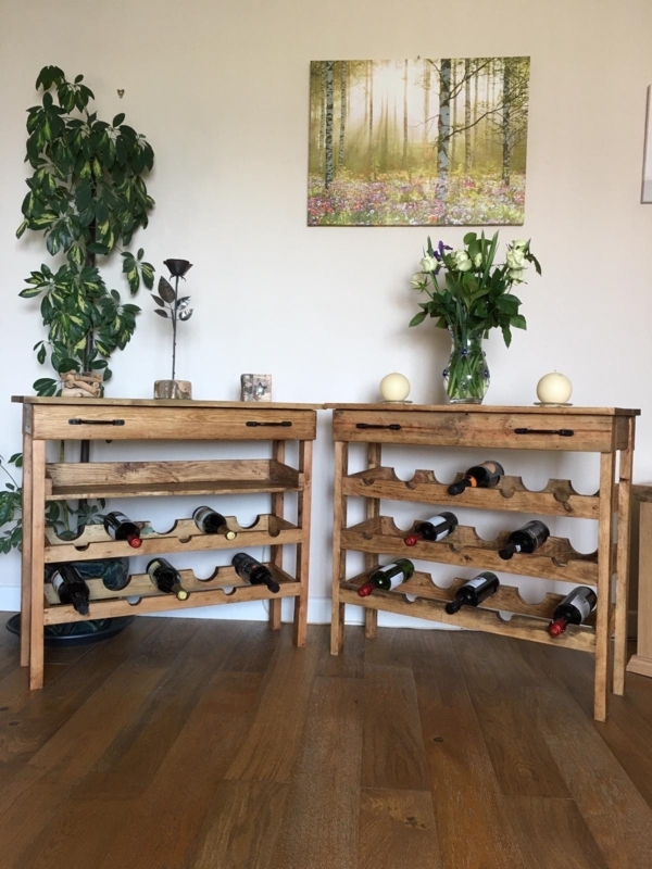 Rustic Wooden Wine Console in Honey Brown Finish with Slim Legs