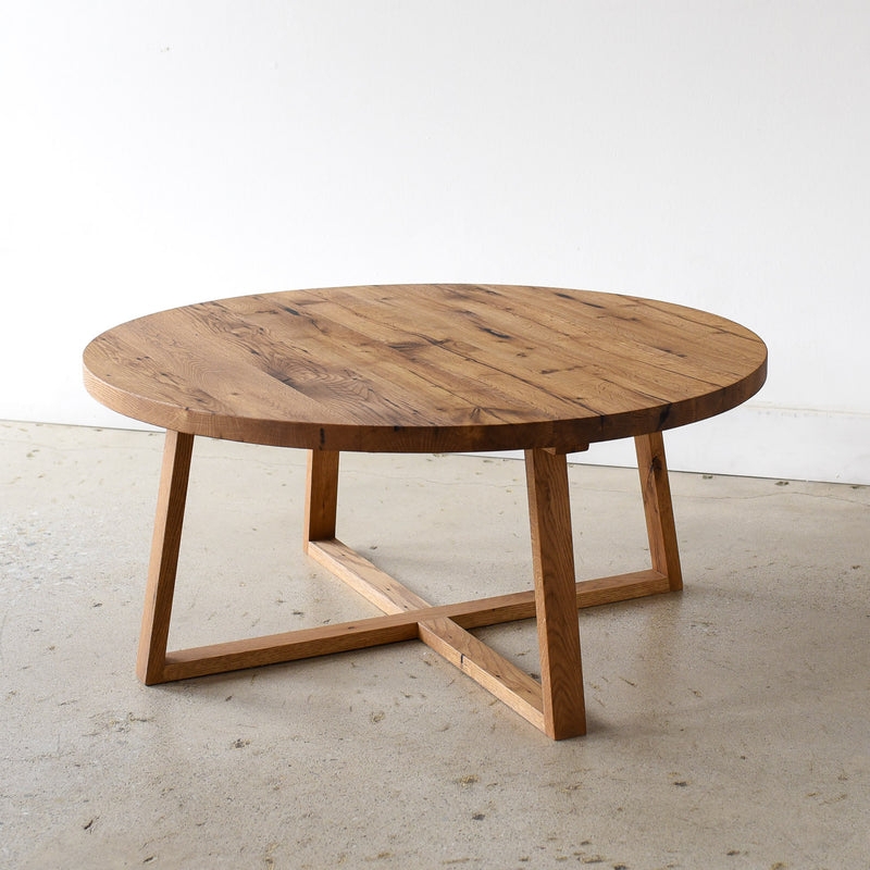 Rustic X-Base Coffee Table Round Solid Wood Planked Top