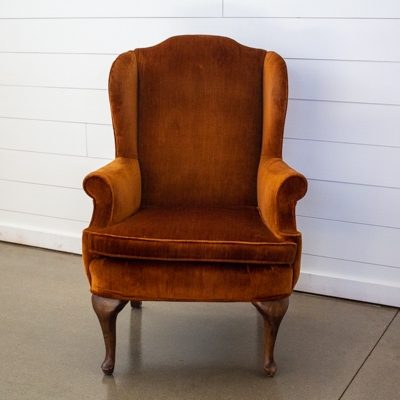 Rusty Orange Velvet Wingback Chair with Scalloped Back & Cabriole Legs