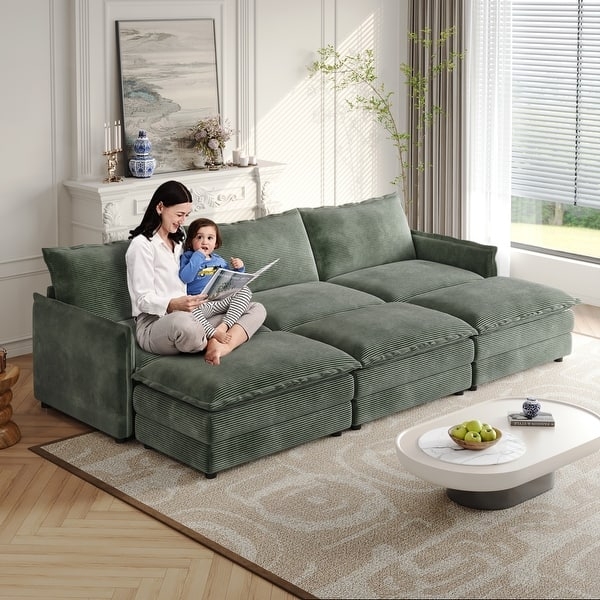 Sage Green Corduroy Modular Cloud Sectional Ottoman Chaise