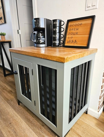 Sage Green Dog Crate Furniture with Butcher Block Top Surface