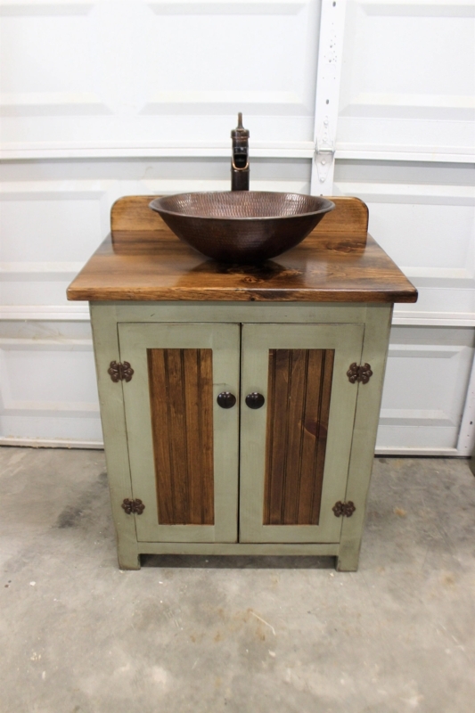 Sage Green Farmhouse Vanity Cabinet with Hammered Copper Vessel Sink