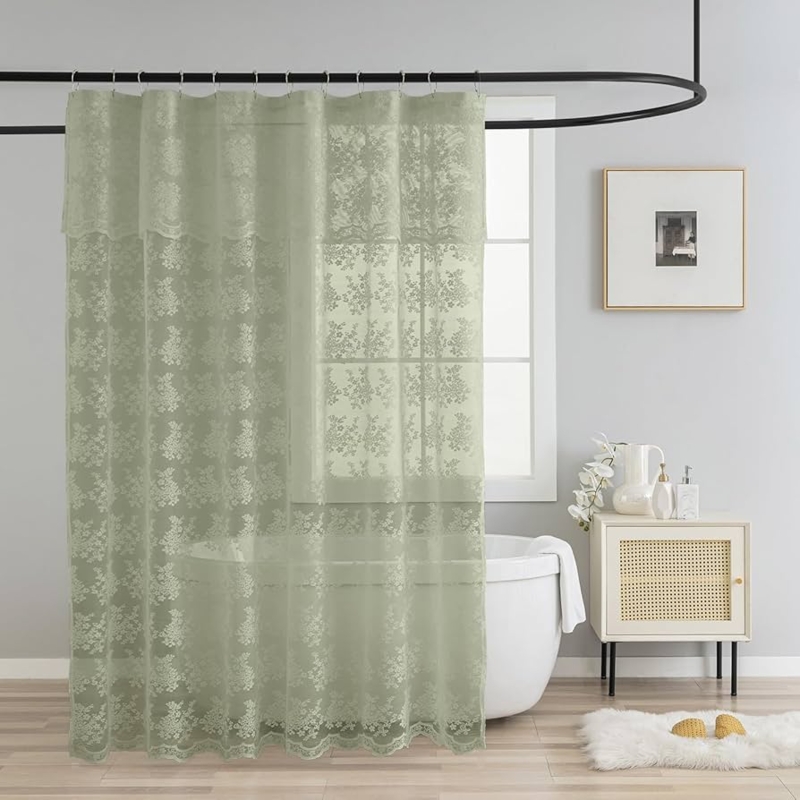 Sage Green Lace Shower Curtain, Attached Valance, Scalloped Boho Floral.