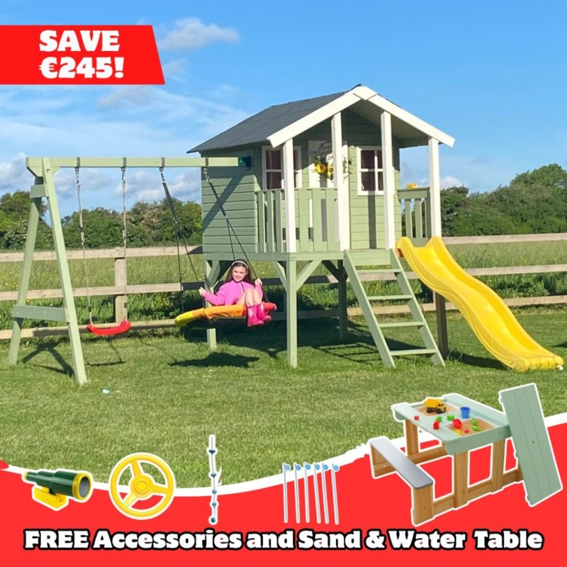 Sage Green Playhouse Elevated Cabin with Nest Swing & Sand Water Table