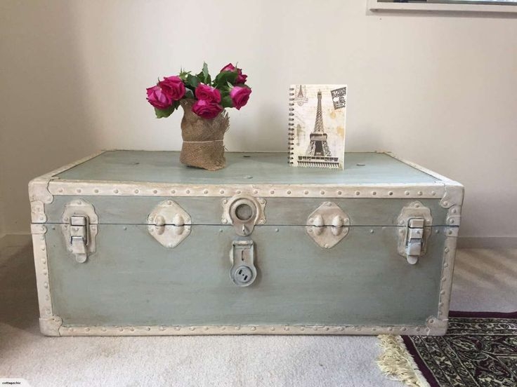 Sage Green Storage Trunk: Distressed Finish with Cream Painted Hardware