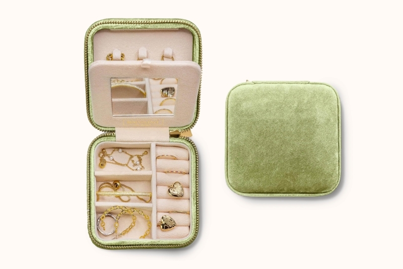 Sage Green Velvet Jewelry Box, Plush Travel Case with Internal Mirror