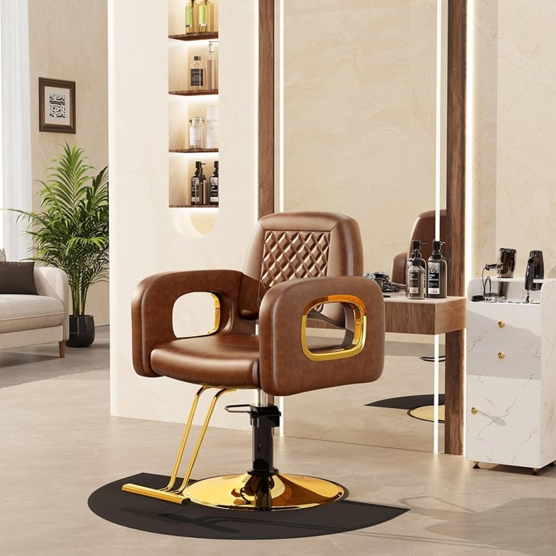 Salon Chair Cognac Gold Oval Cutouts Diamond Stitched Swivel Styling