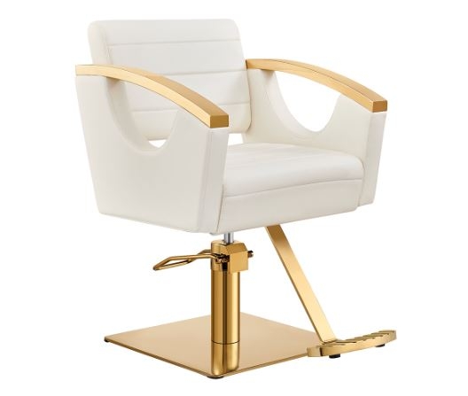 Salon Chair White Upholstery Gold Trim Arms Square Base Hydraulic Pump