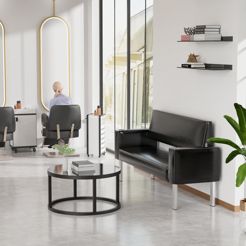 Salon Waiting Bench Black Integrated Cup Holders Square Legs Minimalist