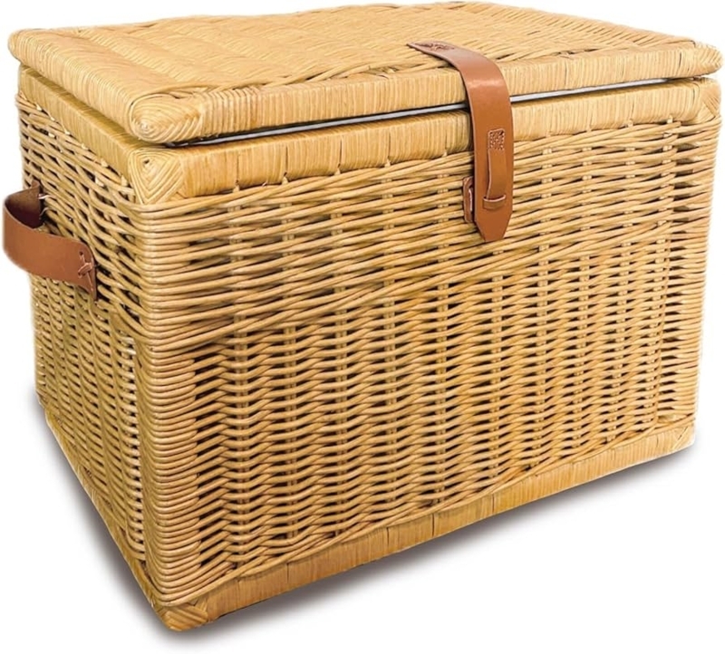 Sandstone Rattan Storage Trunk with Leather Straps and Side Handles