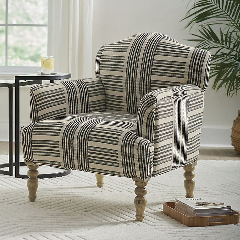 Scalloped Back Accent Chair, Black and Cream Stripe, Turned Legs