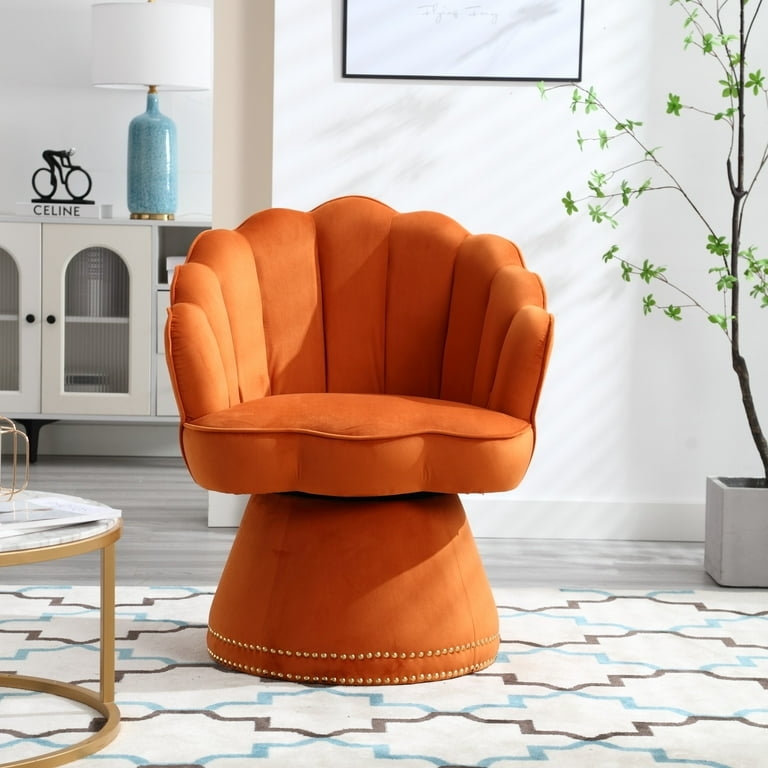 Scalloped Back Glam Swivel Chair, Burnt Orange Velvet, Beaded Trim