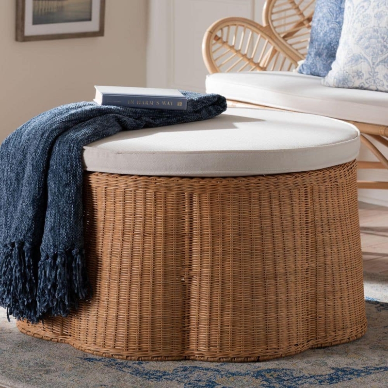 Scalloped Base Ottoman with Woven Rattan and Fabric Top