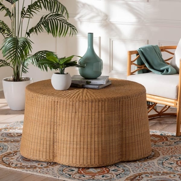Scalloped Rattan Coffee Table Handwoven Honey Drum Coastal