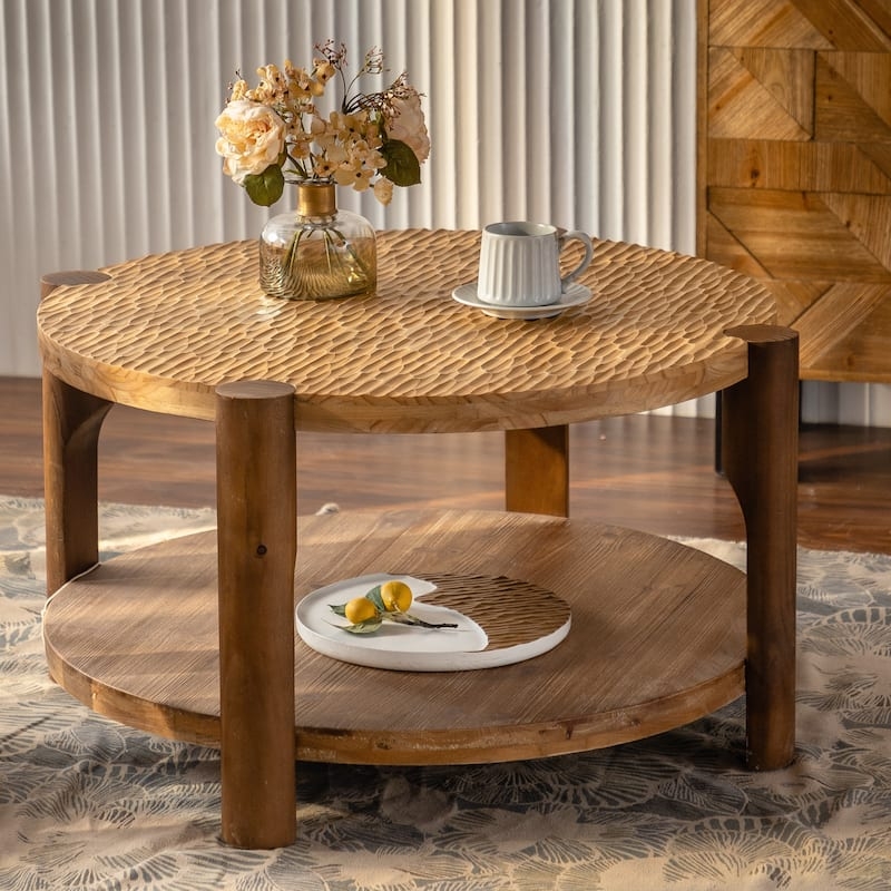 Scalloped Wood Coffee Table Round Two Tier Solid Wood