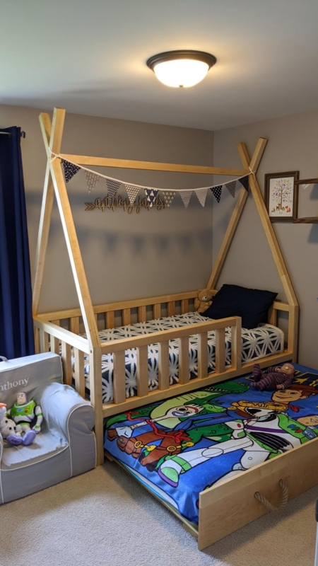 Scandi Minimalist Trundle Bed with House Frame and Rope Handle Detail.